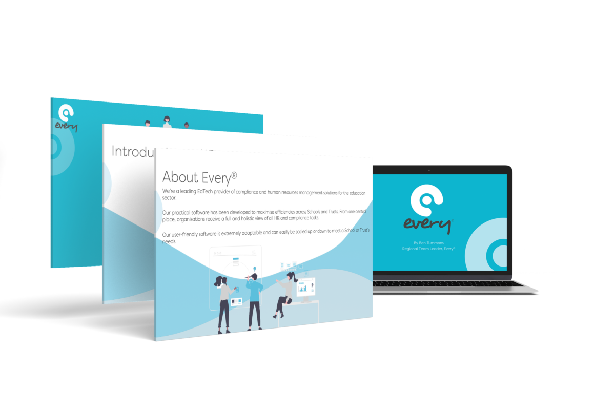 Mockup of Every by IRIS' webpages with blue and white accents and illustrations of school professionals working.