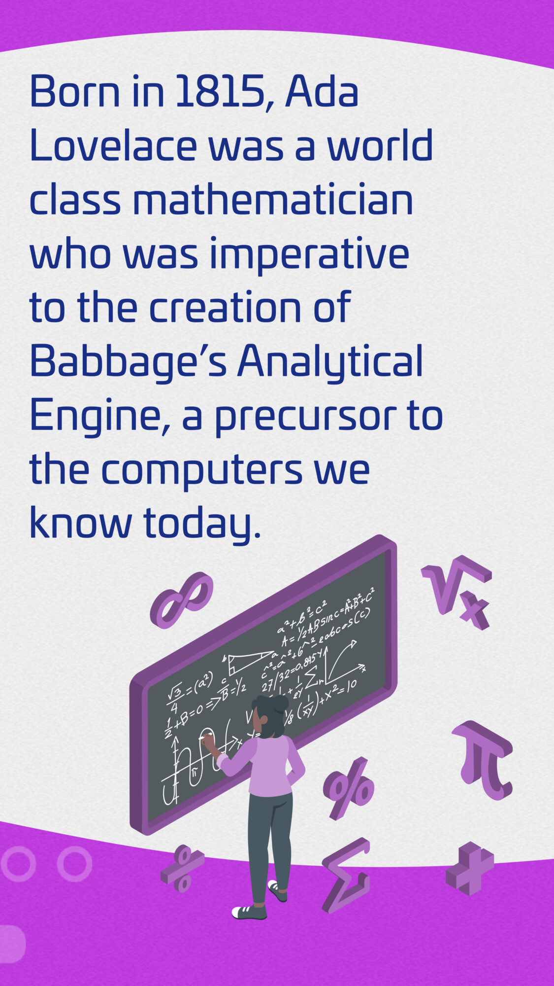 An infographic on Asa Lovelace. 'Born in 1815, Ada Lovelace was a world-class mathematician who was imperative to the creation of Babbage's Analytical Engine, a precursor to the computers we know today'.