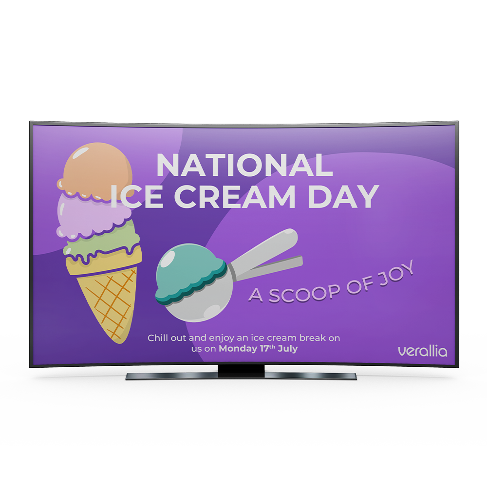 A purple internal comms message celebrating national ice cream day at Verallia UK.