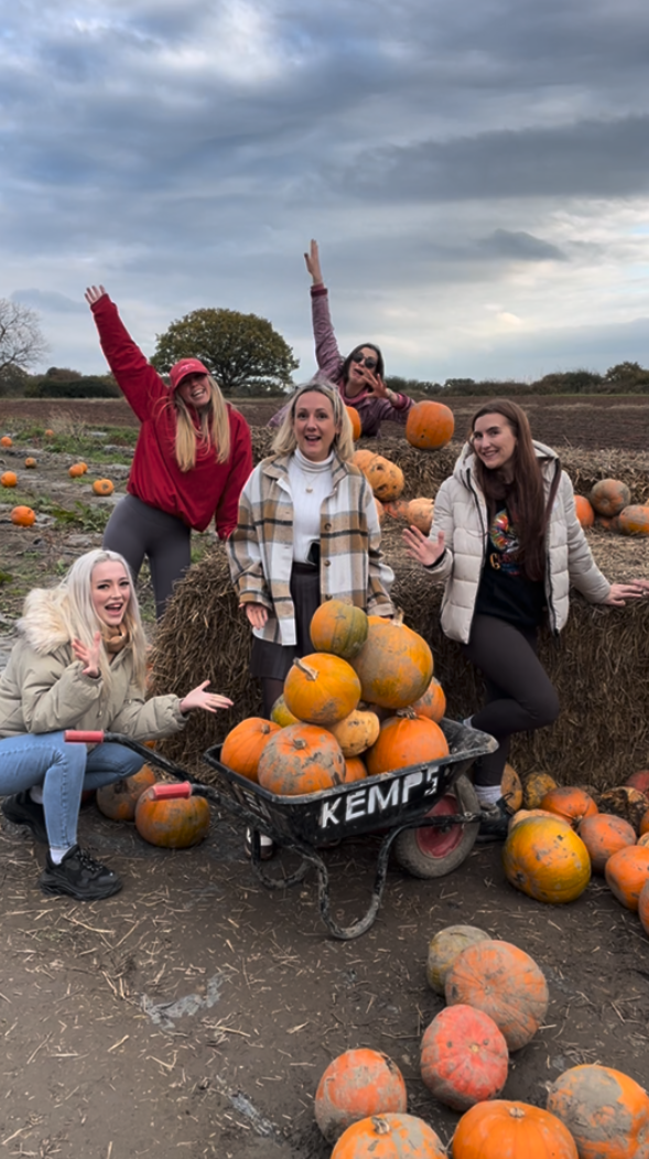 Halston B2B team with a wheelbarrow full of pumpkins